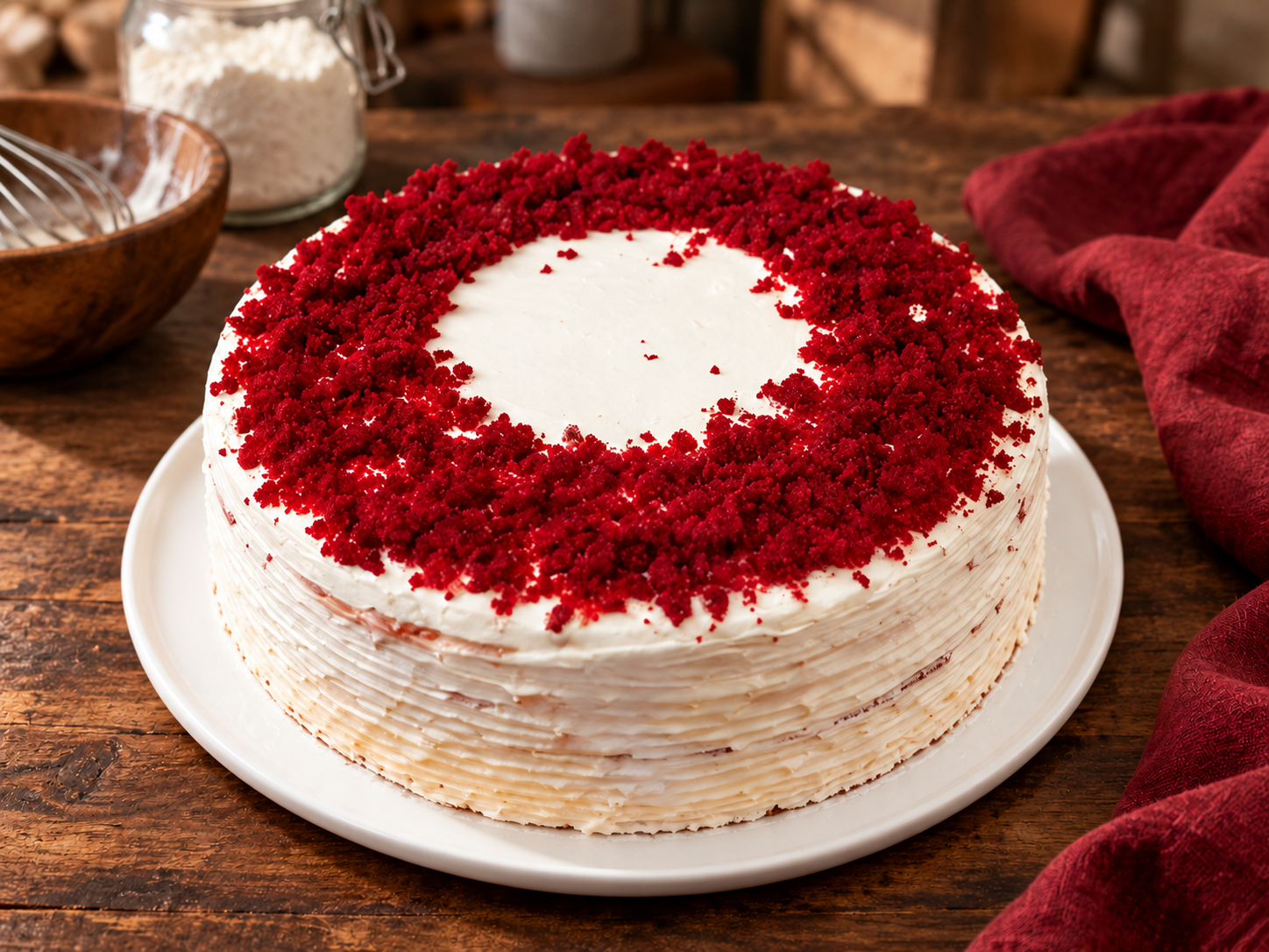 Tarta Red Velvet GastroChefs con cobertura blanca y migas rojas sobre plato blanco