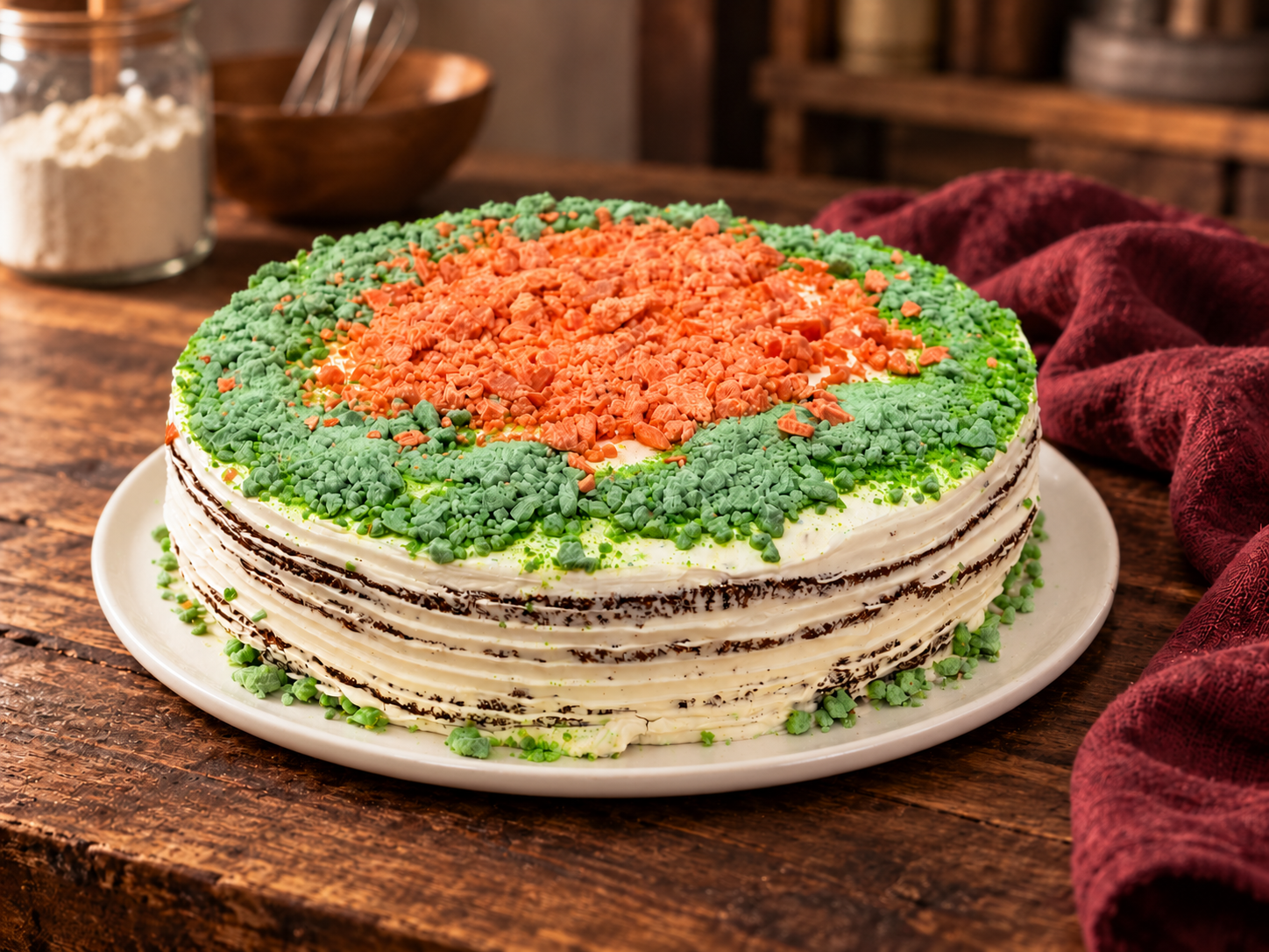 Tarta de zanahoria con almendras, crema y decoración de chocolate blanco sobre plato blanco