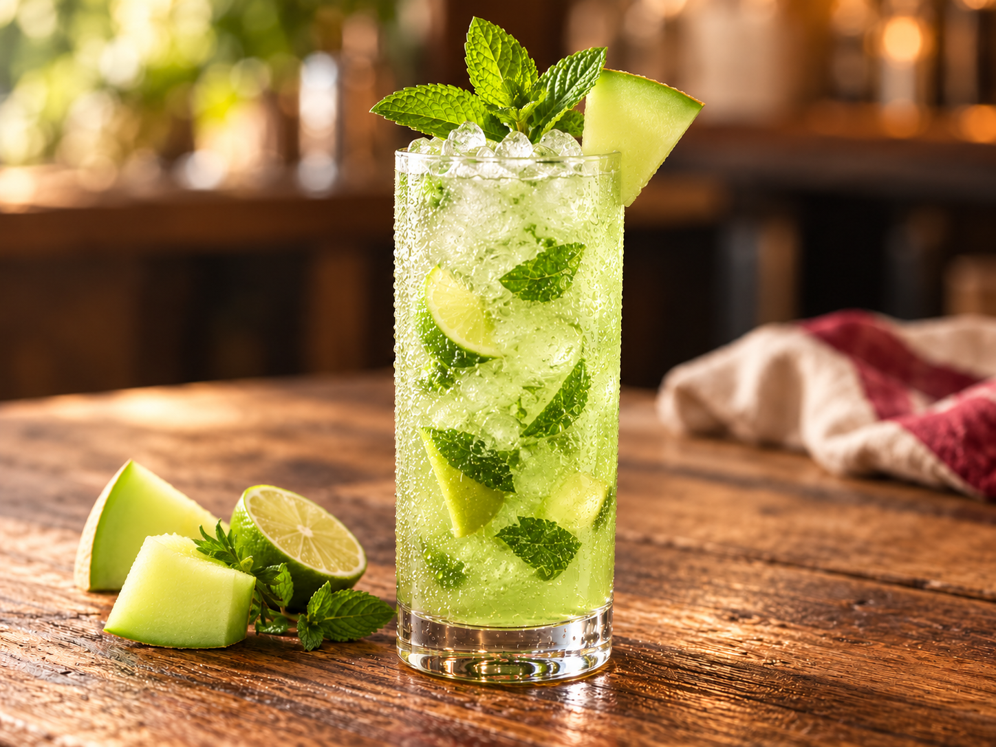Mojito de melón con hielo, lima y hierbabuena