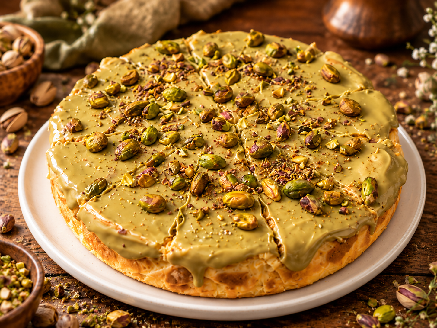 Tarta de pistacho GastroChefs presentada en plato blanco