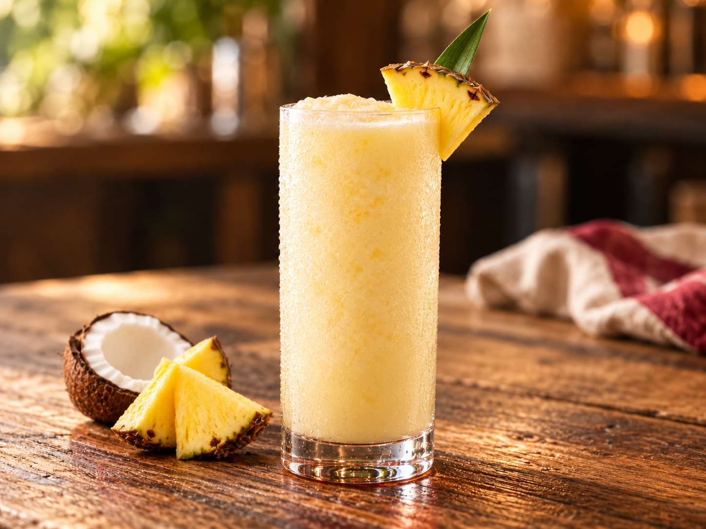 Piña colada presentada con piña y coco