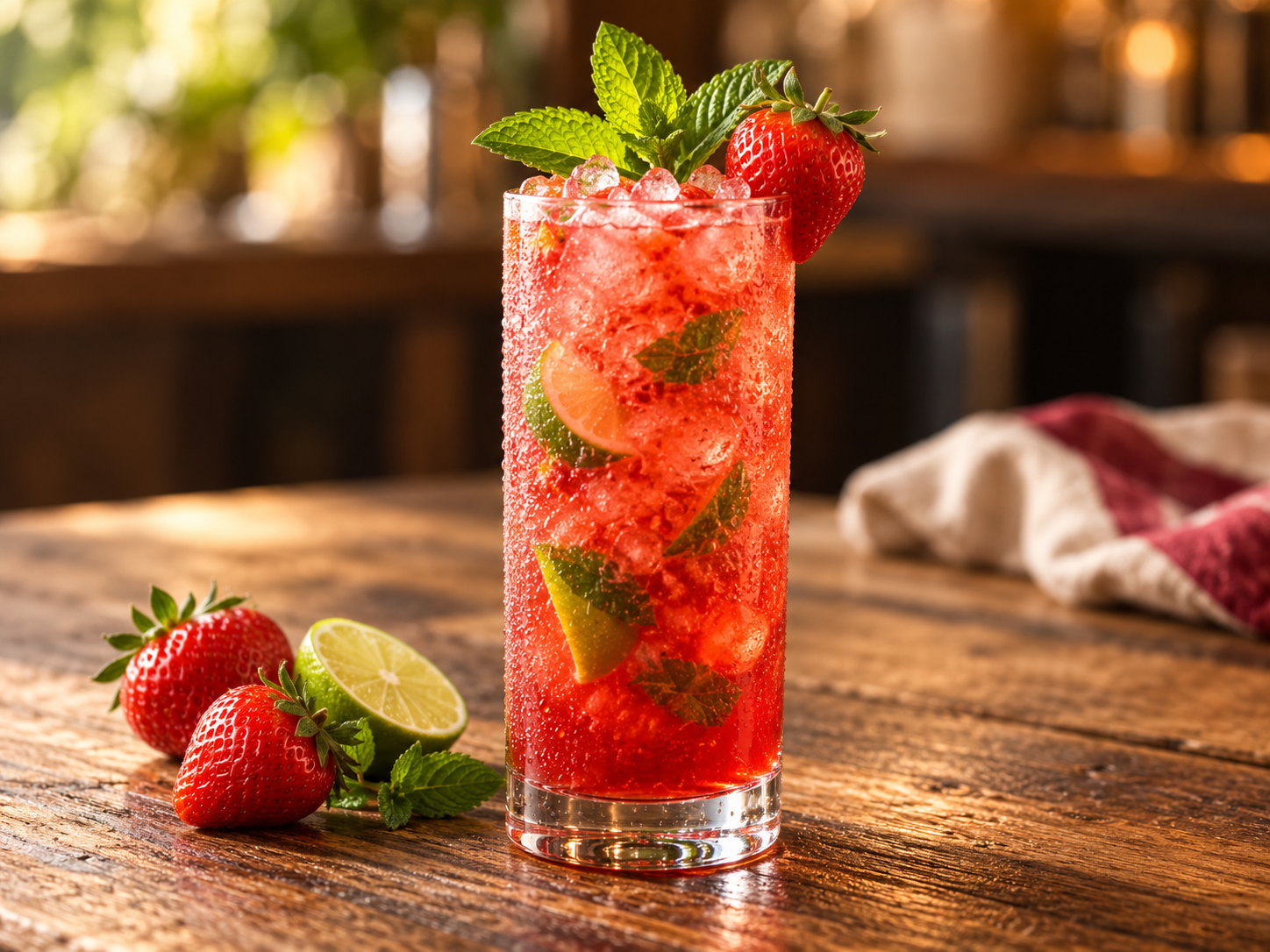 Mojito de fresa con hielo, lima y hierbabuena